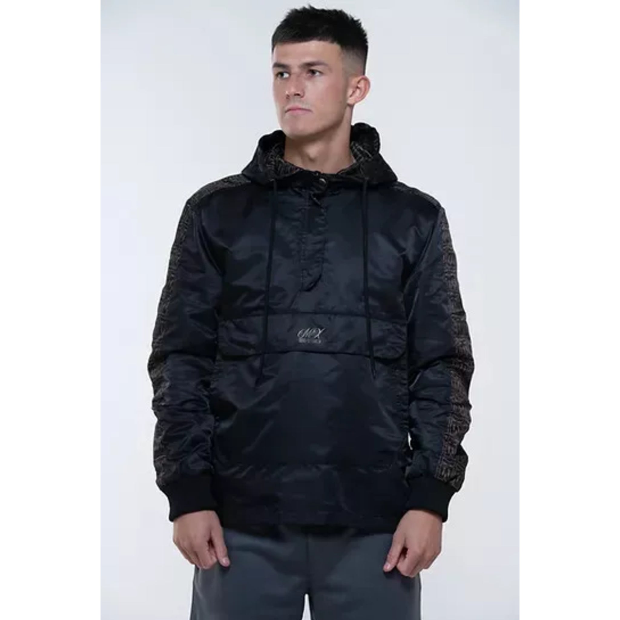 Men's MX branded black hooded pullover jacket with front pouch pocket and black patterned sleeves